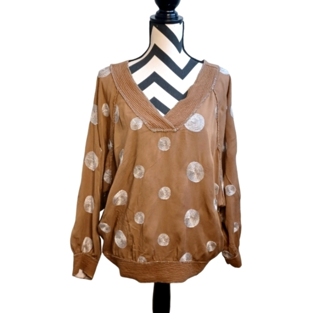 Made In Italy OS Boho Artsy Embroidered Circles Dolman Sleeve Blouse